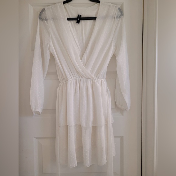 White polka dot ruffle mini, long sleeve summer dress with a belt. Fits XS & S. - Picture 1 of 3